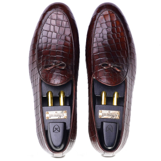 Top view of Dark brown coloured Belgian loafer formal shoes in leather with Blake stitched leather sole
