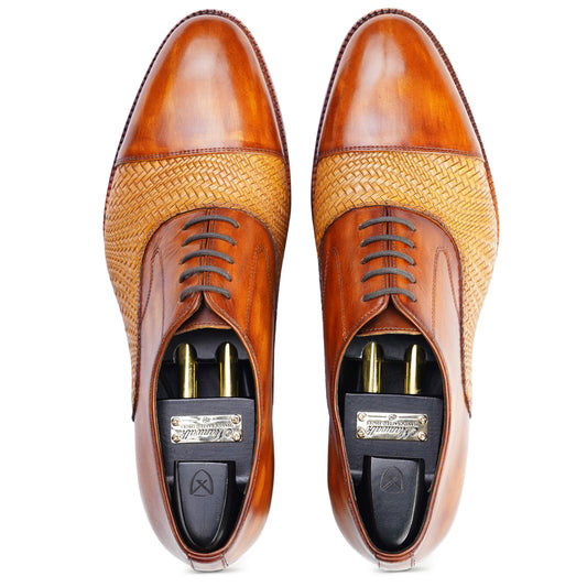 Top view of Two tone Brown colour Captoe formal shoes in leather with Blake stitched leather sole