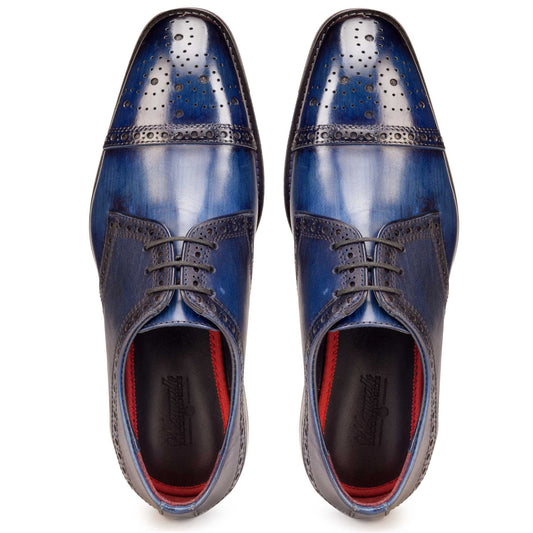 Top view of Blue coloured Captoe Derby semi brogue formal shoes in leather with Blake stitched leather sole