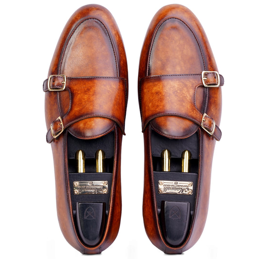 Top view of Dark Brown colour Double Monkstrap slip on shoes in leather with Blake stitched leather sole