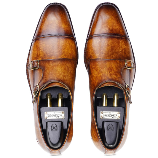 Top view of Cognac Brown colour Double Monkstrap formal shoes in leather with Blake stitched leather sole