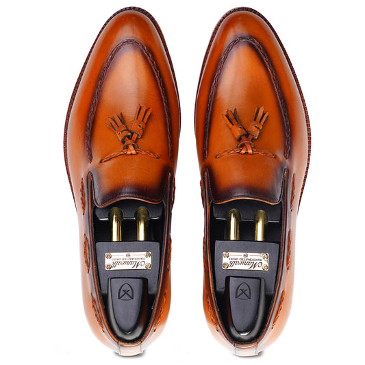 Tassel Loafers in Tan Brown colour hand painted full grain patina leather with Blake stitched sole
