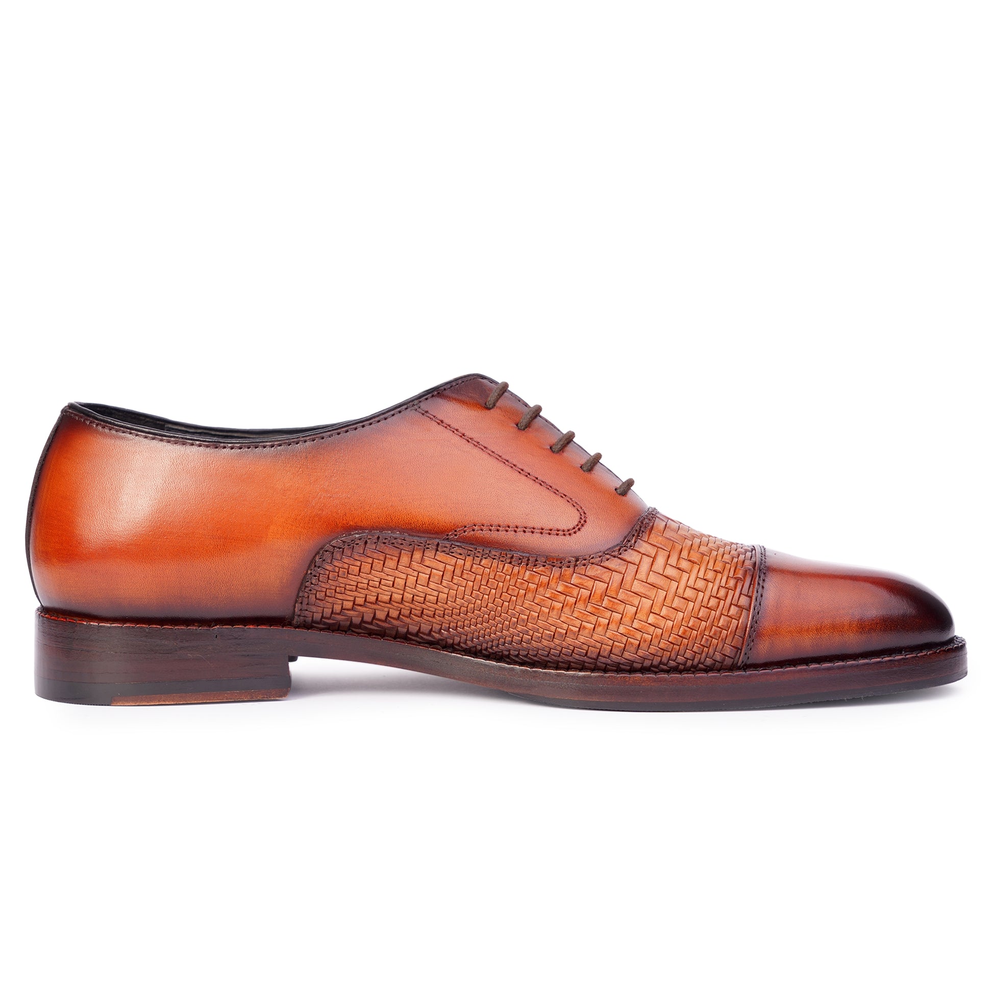 side view of Two tone Spectators in Reddish Brown colour Captoe formal shoes in leather with Blake stitched leather sole
