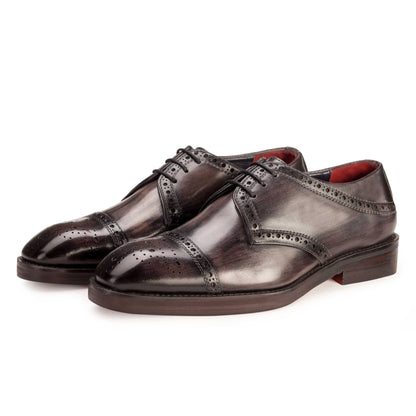Side view of Grey Black colour Captoe Semi brogue formal shoes in leather with Blake stitched leather sole
