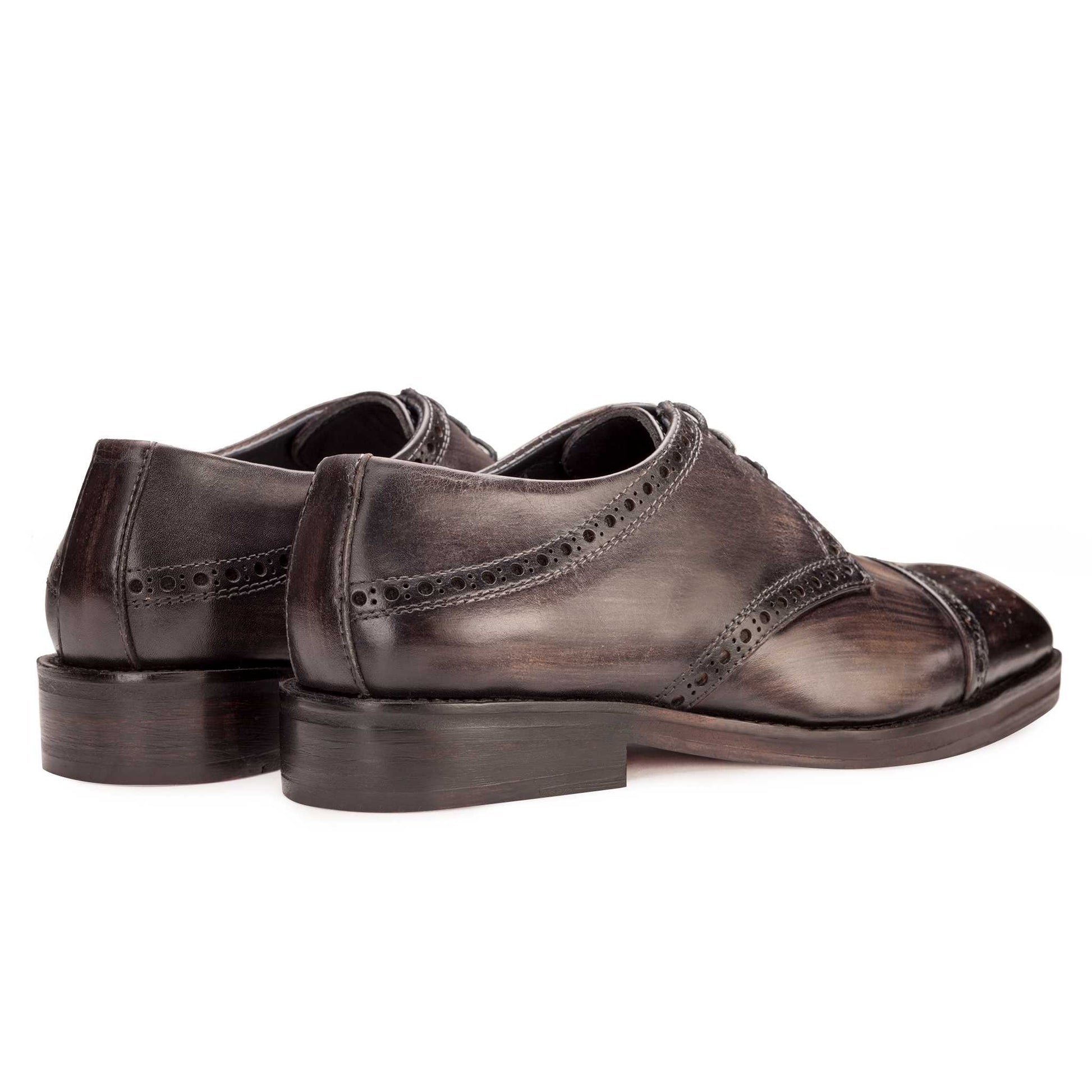 Back and side angle view of Grey Black colour Captoe Semi brogue formal shoes in leather with Blake stitched leather sole
