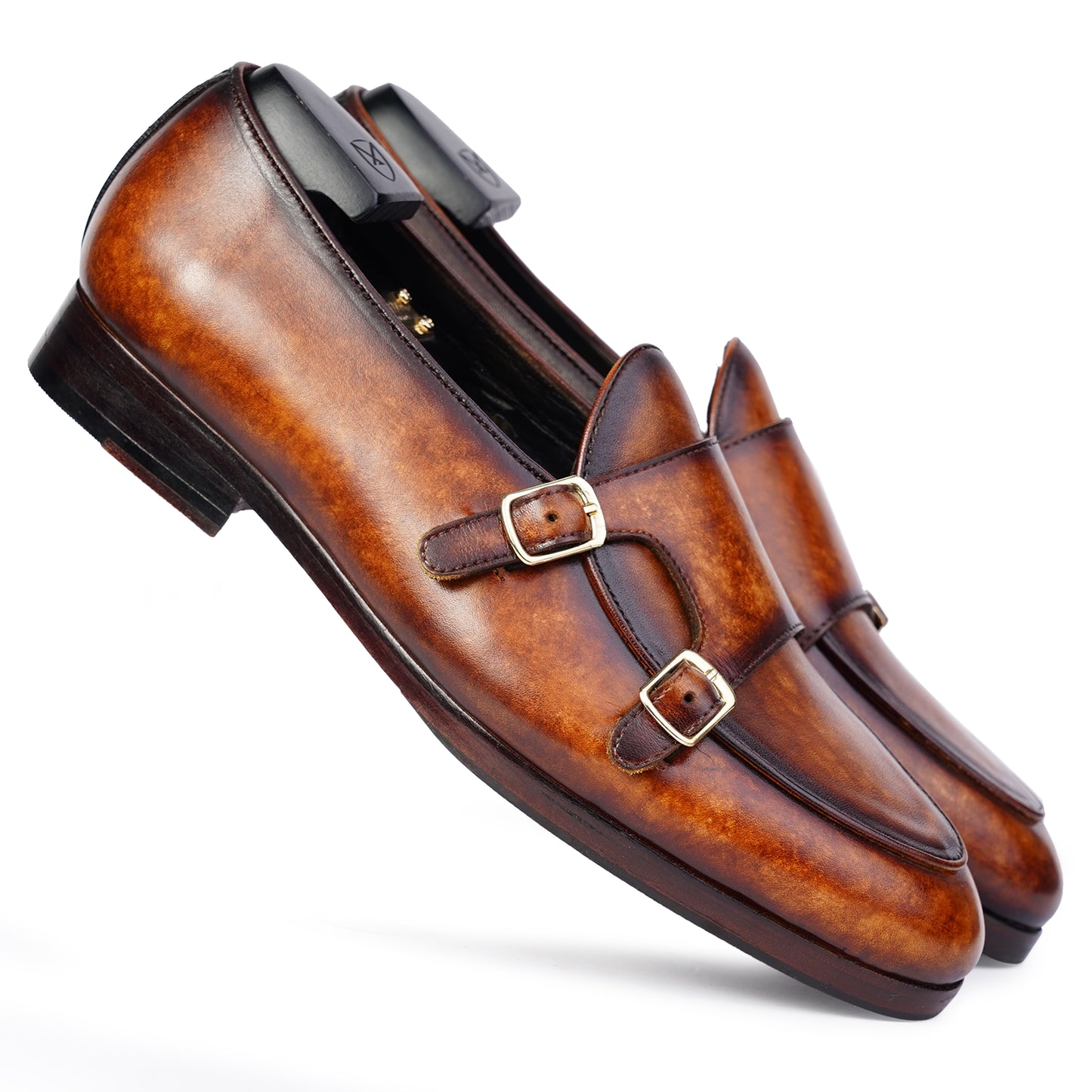 Dark Brown colour Double Monkstrap slip on shoes in leather with Blake stitched leather sole