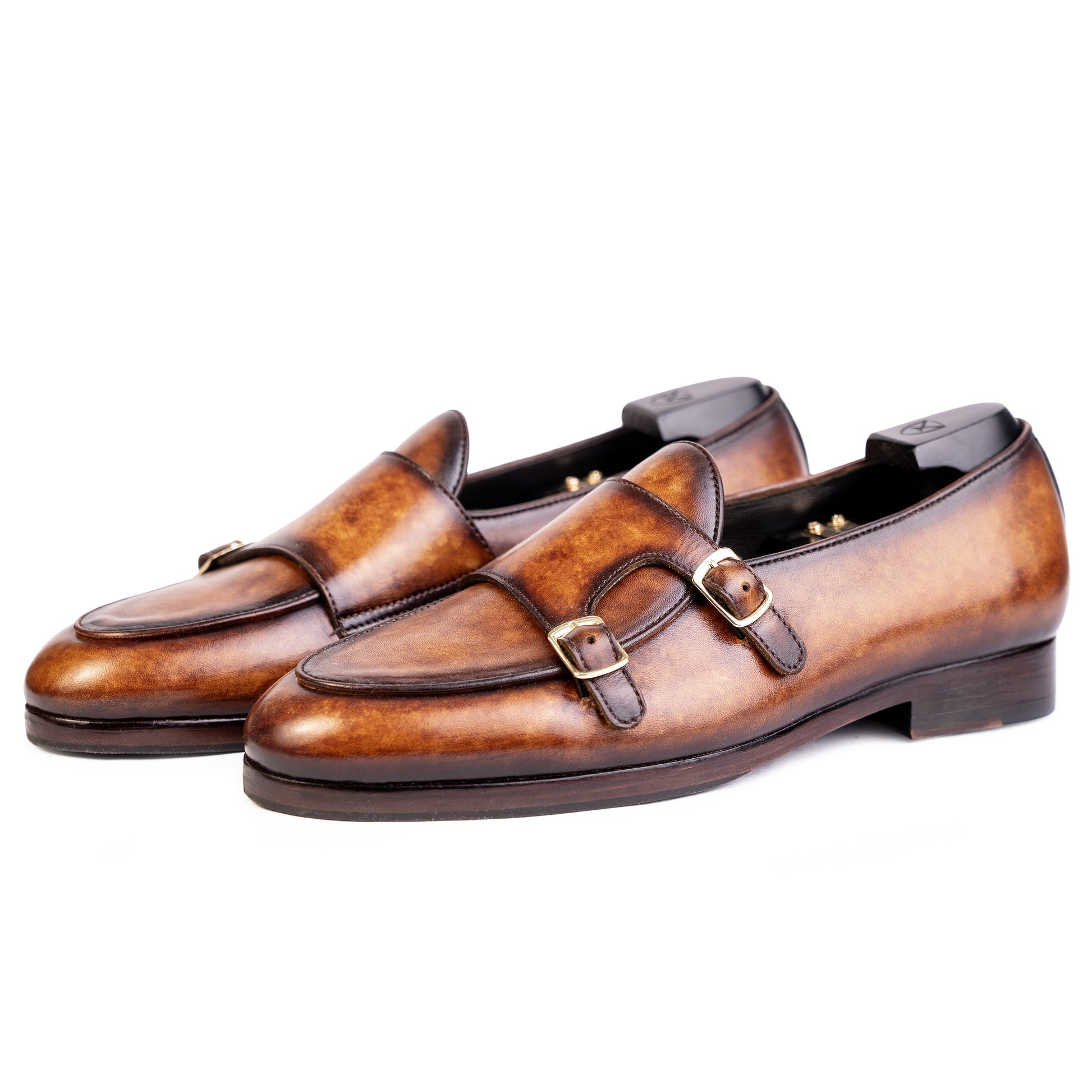 Side view of Dark Brown colour Double Monkstrap slip on shoes in leather with Blake stitched leather sole
