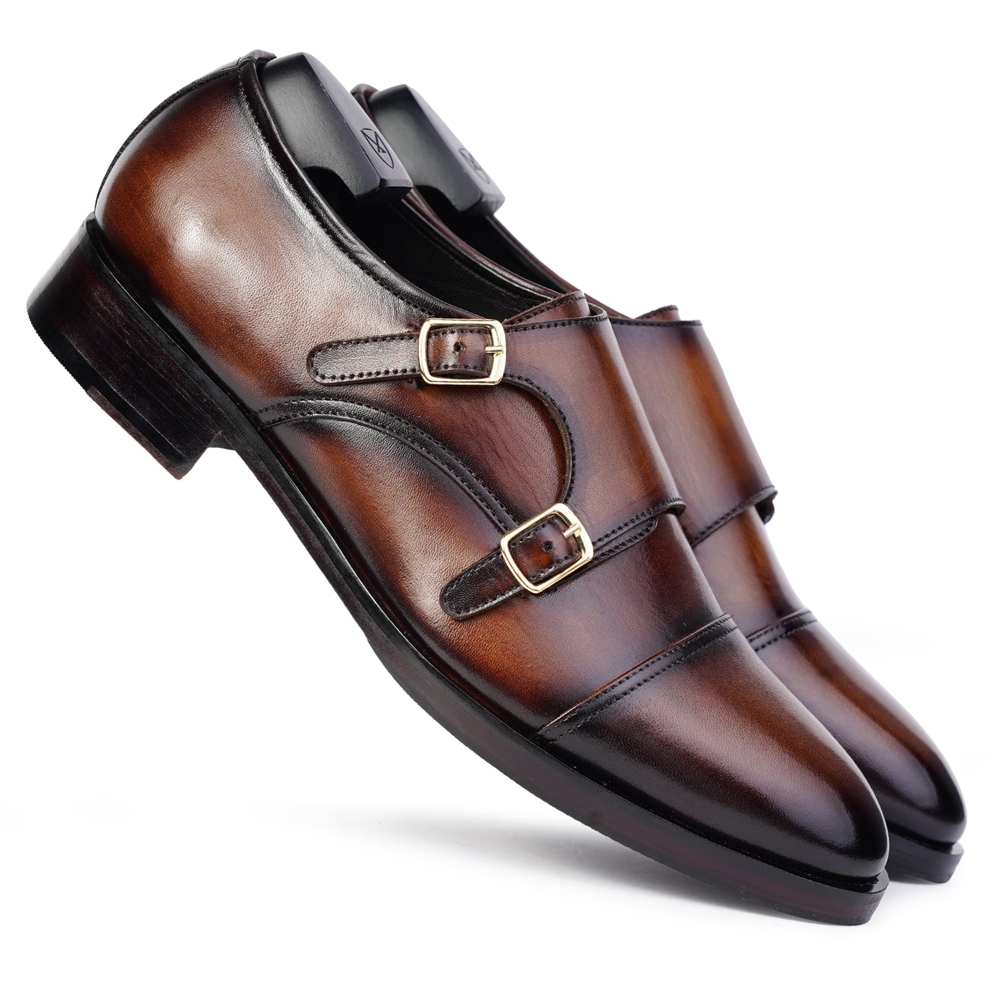 Dark Brown colour Double Monkstrap formal shoes in leather with Blake stitched leather sole