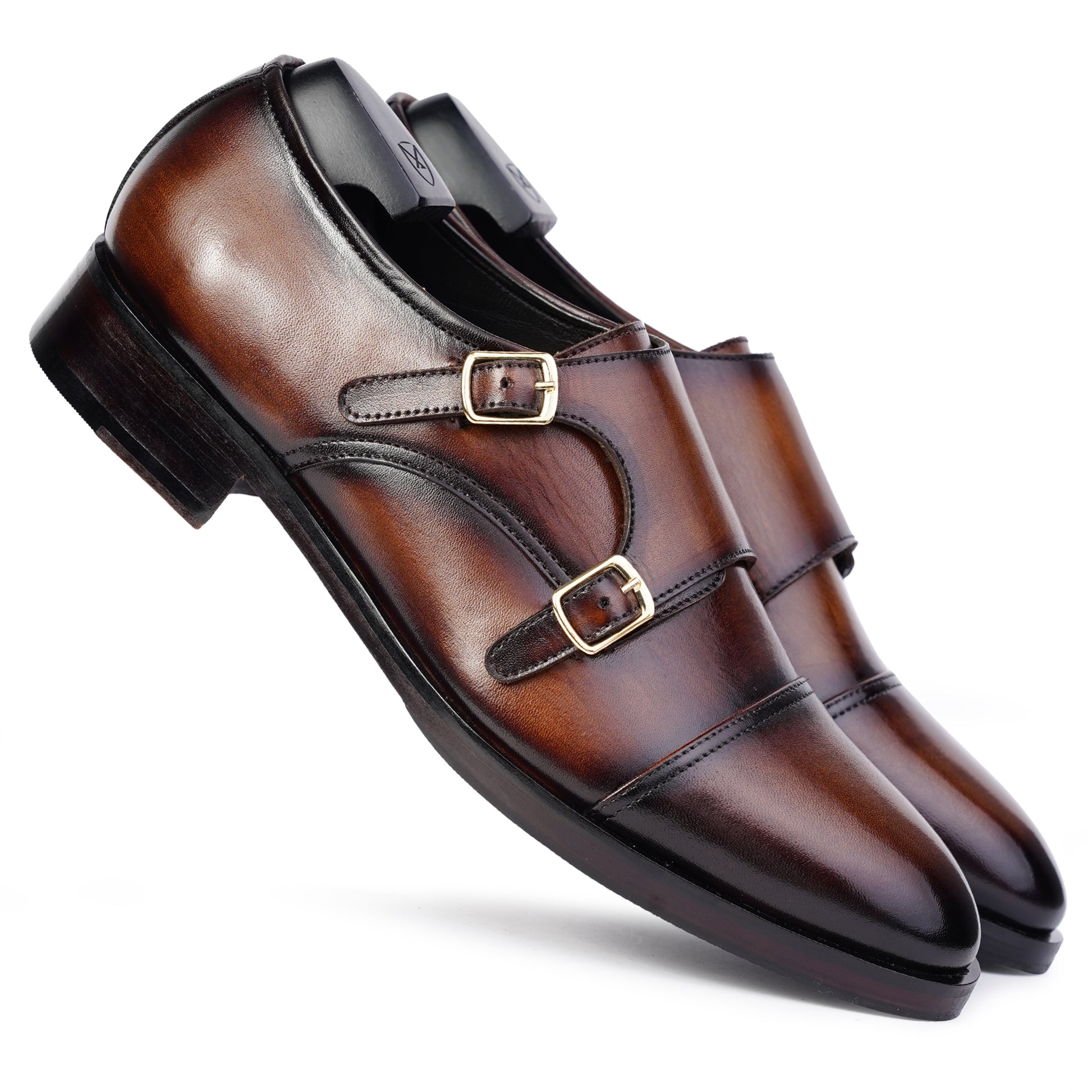 Dark Brown colour Double Monkstrap formal shoes in leather with Blake stitched leather sole