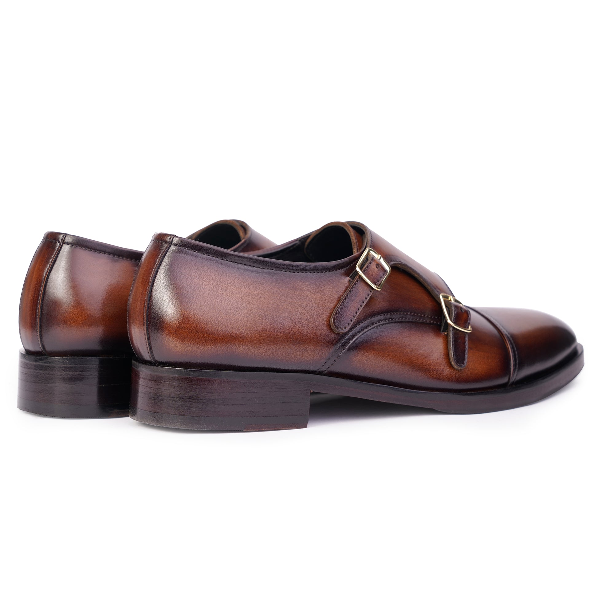 Side and back view of Dark Brown colour Double Monkstrap formal shoes in leather with Blake stitched leather sole