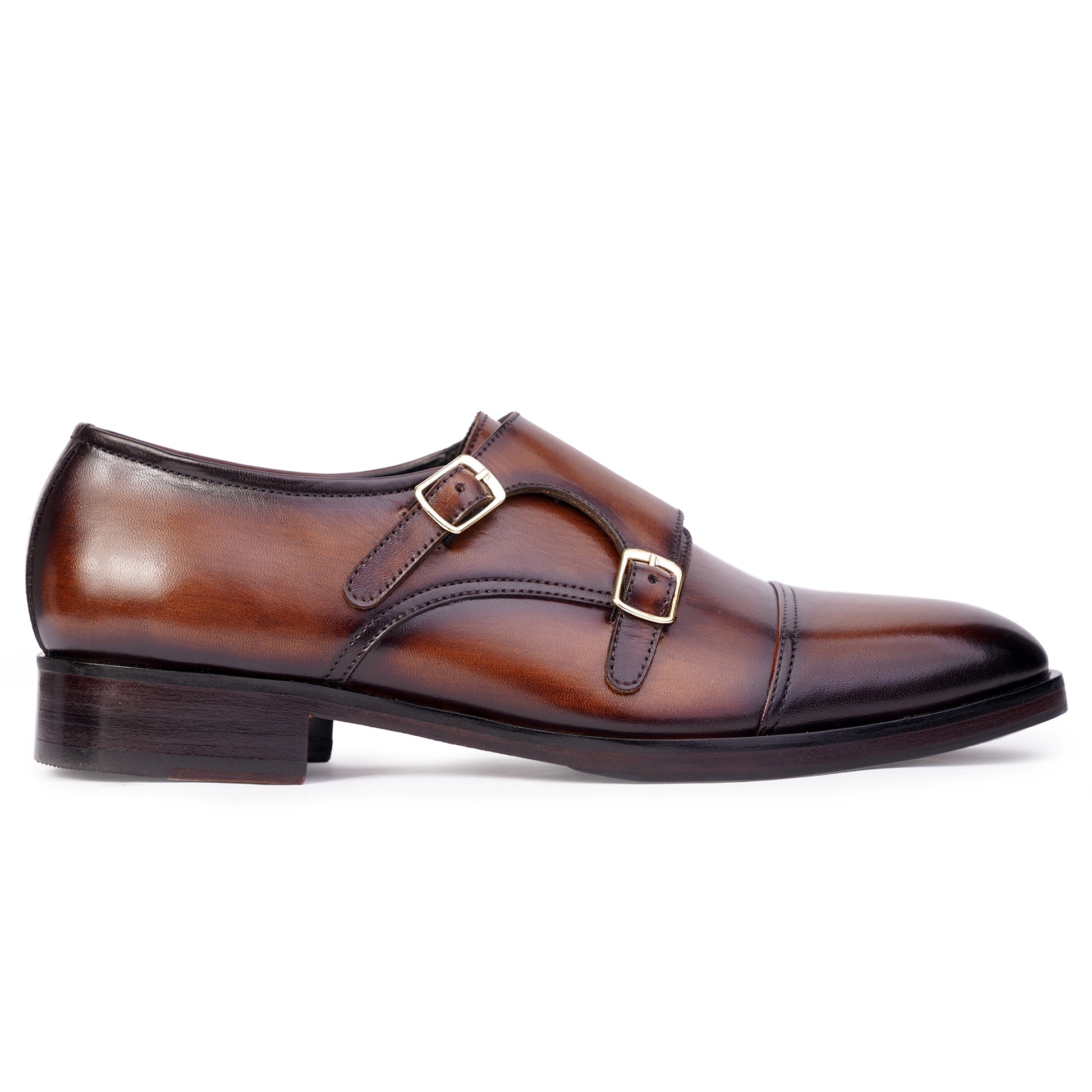 Side view of Dark Brown colour Double Monkstrap formal shoes in leather with Blake stitched leather sole