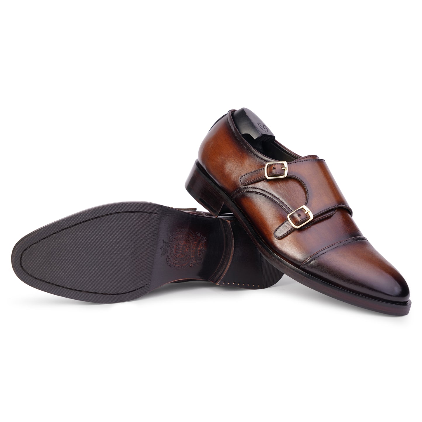 Outsole view of Dark Brown colour Double Monkstrap formal shoes in leather with Blake stitched leather sole