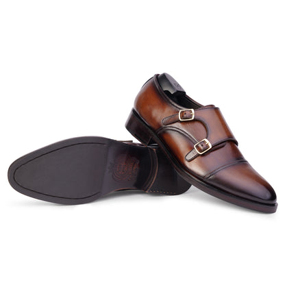 Outsole view of Dark Brown colour Double Monkstrap formal shoes in leather with Blake stitched leather sole