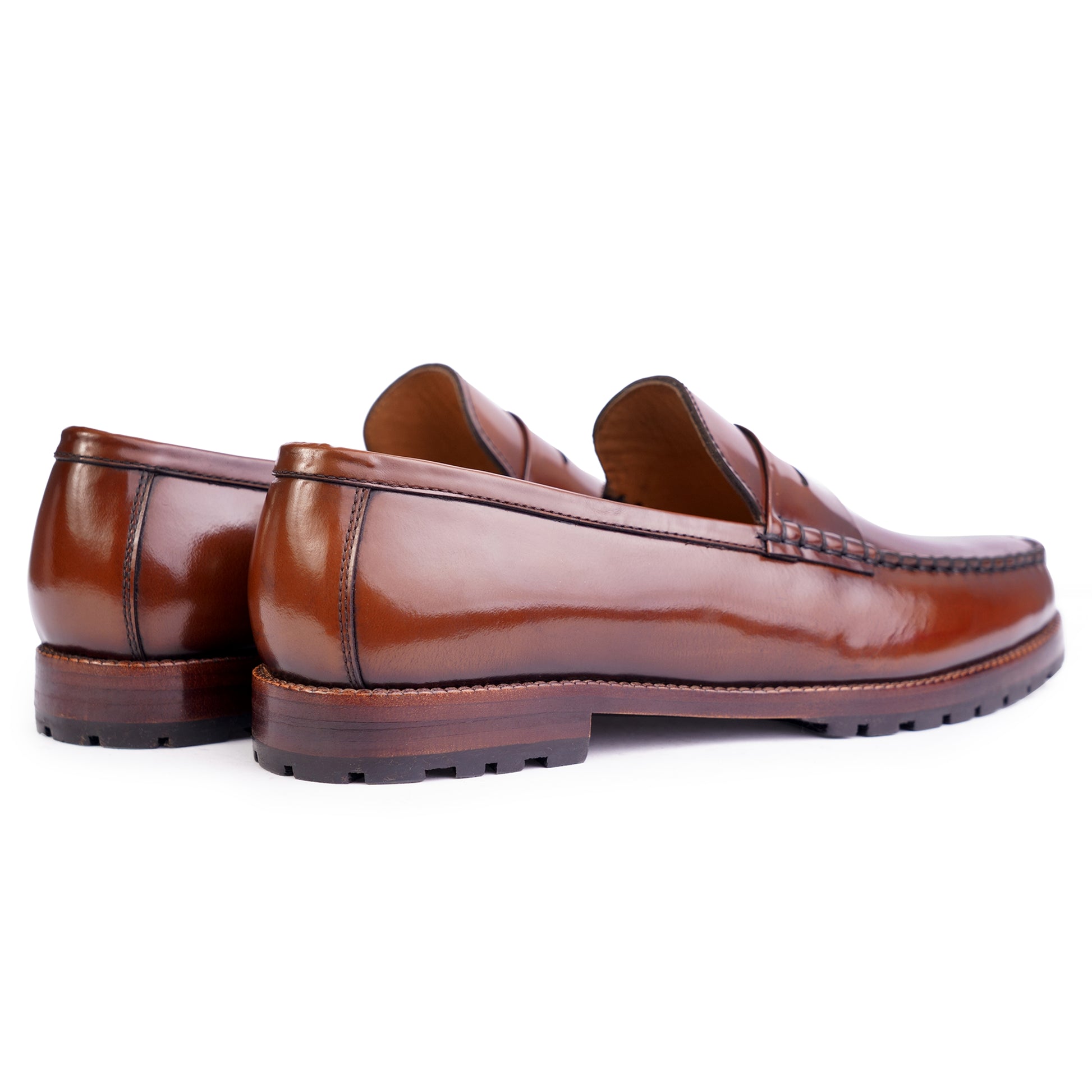 Back and side angle view of Brown colour Round toe Penny loafer formal shoes in leather with Blake stitched leather sole
