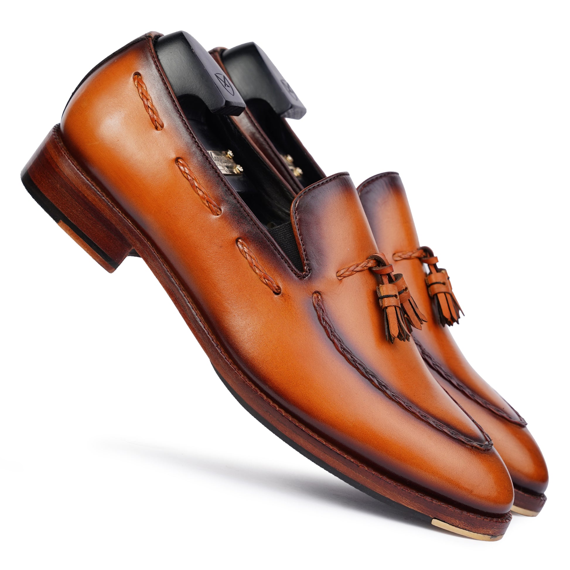 Tassel Loafers in Tan Brown colour hand painted full grain patina leather with Blake stitched sole