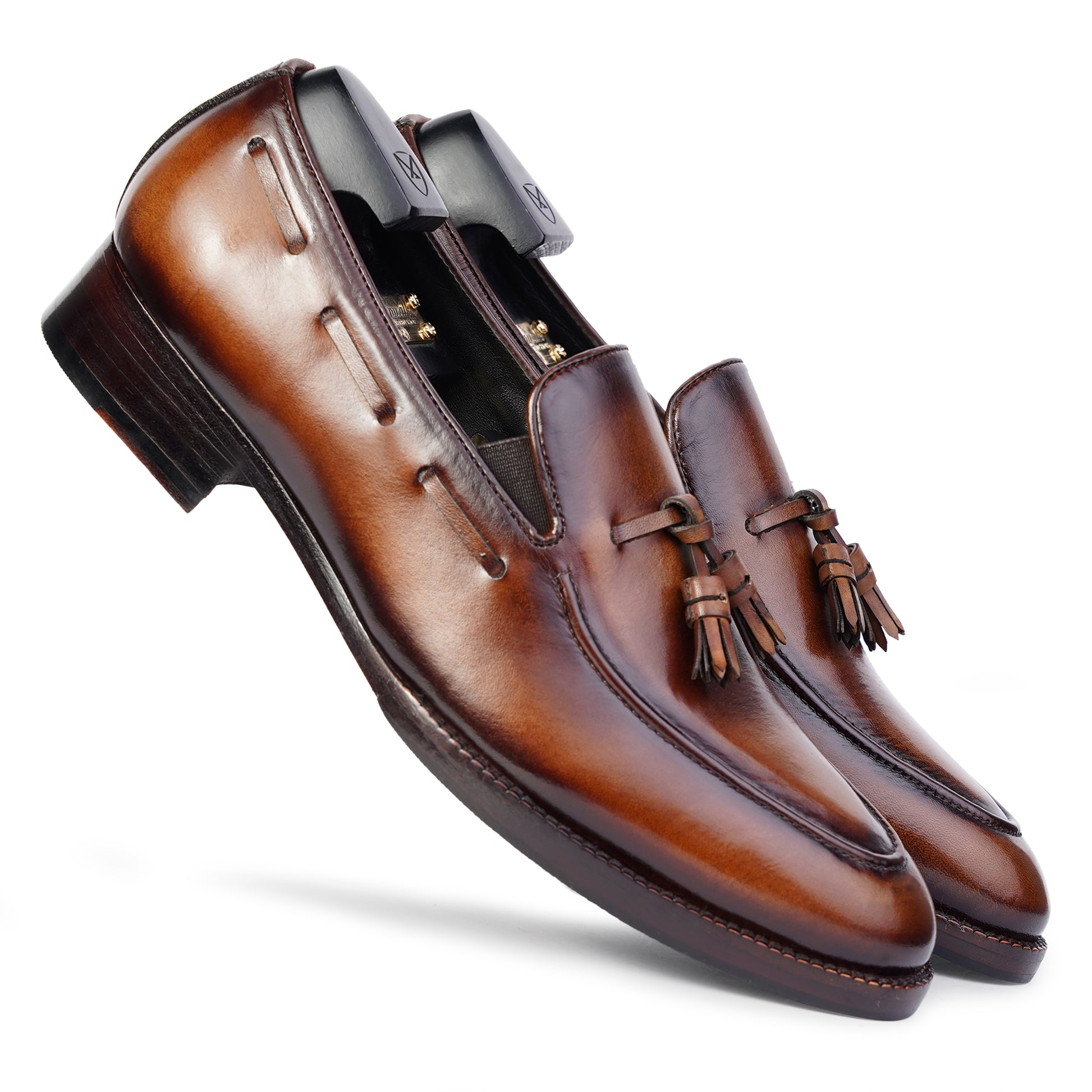 Tassel Loafers in Medium Brown colour hand painted full grain patina leather with Blake stitched sole