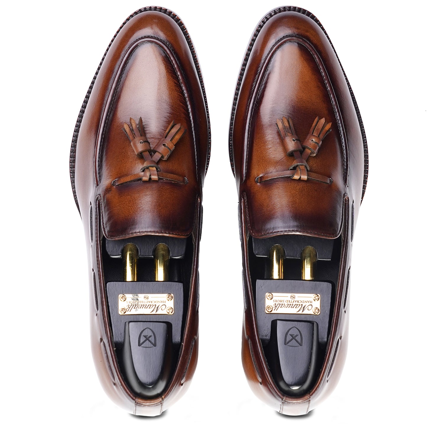 Tassel Loafers in Medium Brown colour hand painted full grain patina leather with Blake stitched sole