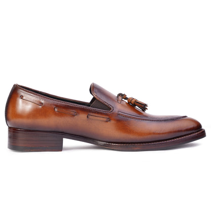 Tassel Loafers in Medium Brown colour hand painted full grain patina leather with Blake stitched sole