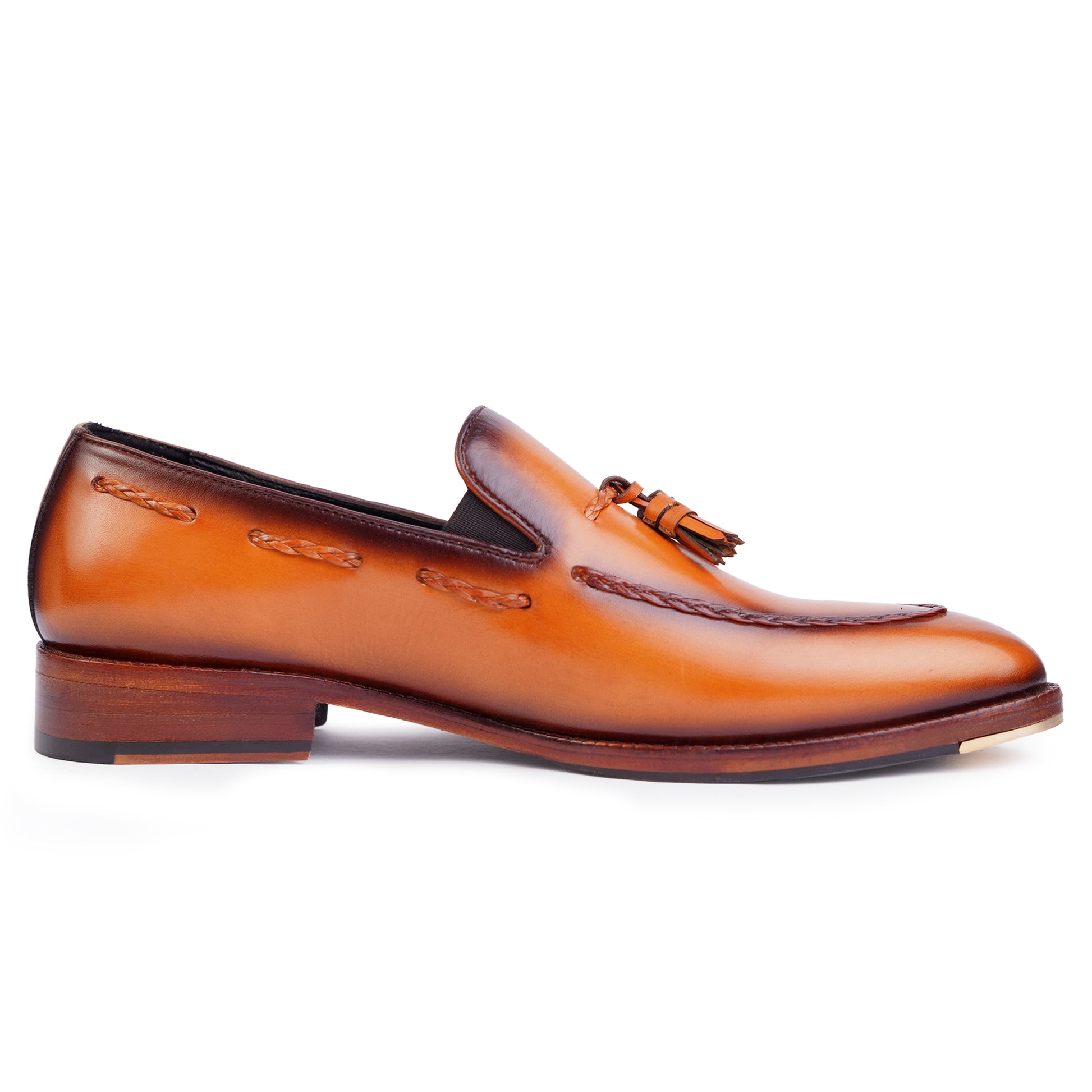 Tassel Loafers in Tan Brown colour hand painted full grain patina leather with Blake stitched sole
