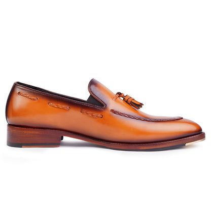 Tassel Loafers in Tan Brown colour hand painted full grain patina leather with Blake stitched sole