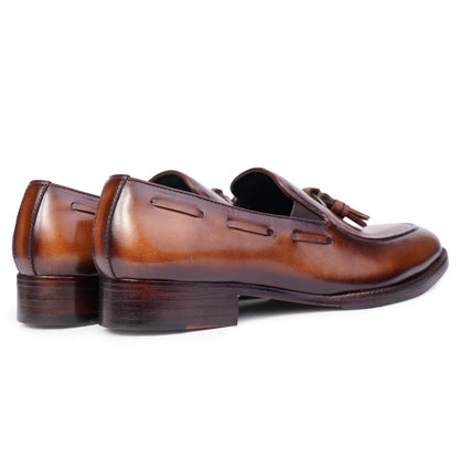 Tassel Loafers in Medium Brown colour hand painted full grain patina leather with Blake stitched sole