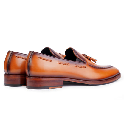 Tassel Loafers in Tan Brown colour hand painted full grain patina leather with Blake stitched sole