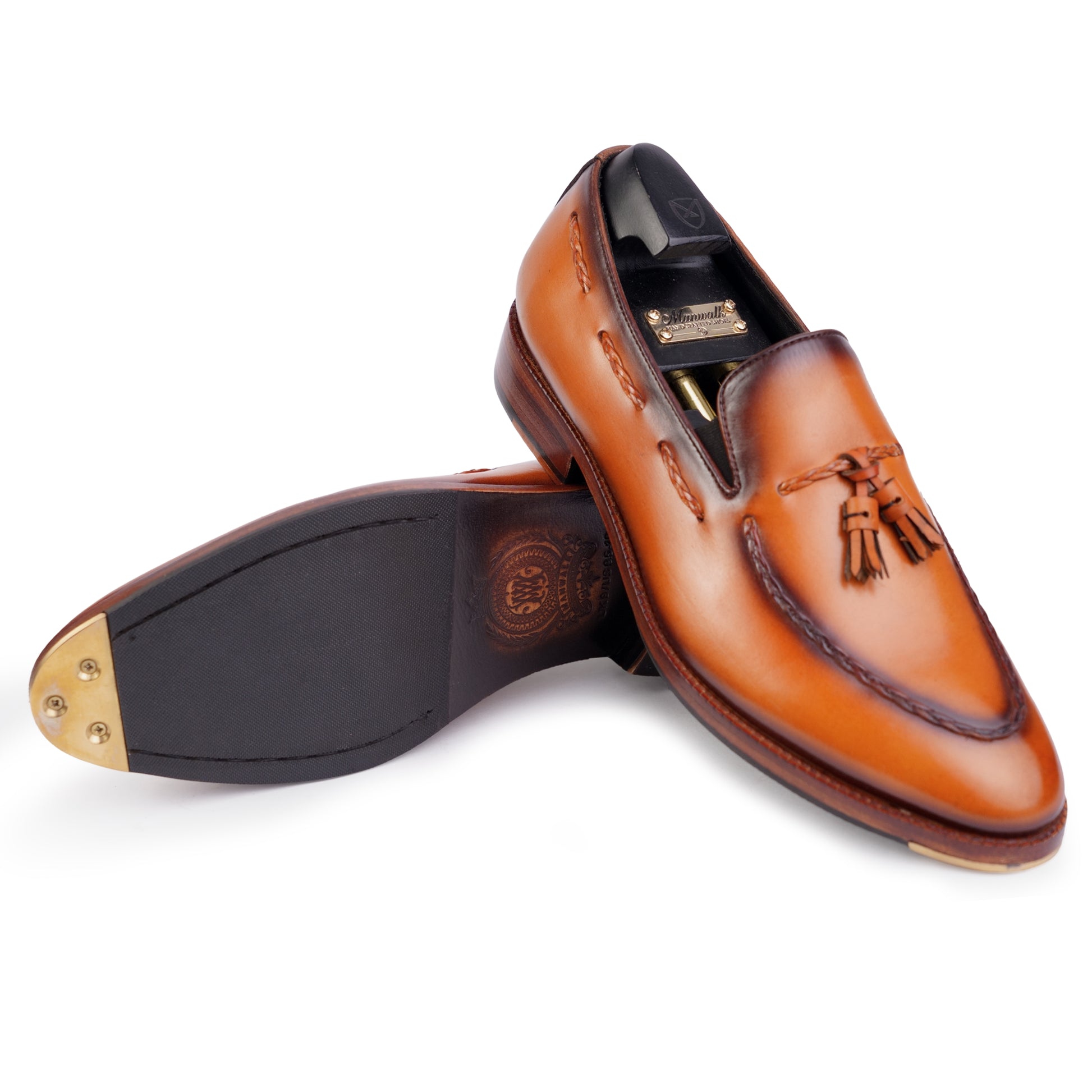Tassel Loafers in Tan Brown colour hand painted full grain patina leather with Blake stitched sole