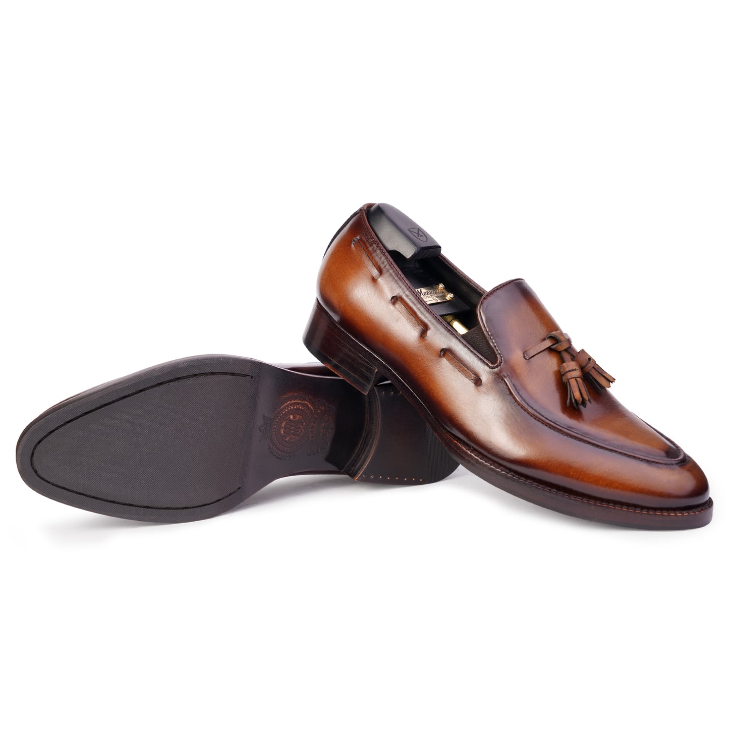 Tassel Loafers in Medium Brown colour hand painted full grain patina leather with Blake stitched sole
