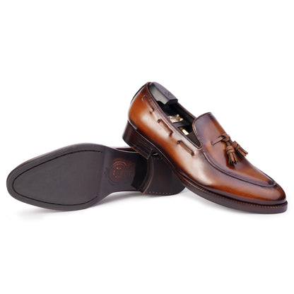 Tassel Loafers in Medium Brown colour hand painted full grain patina leather with Blake stitched sole